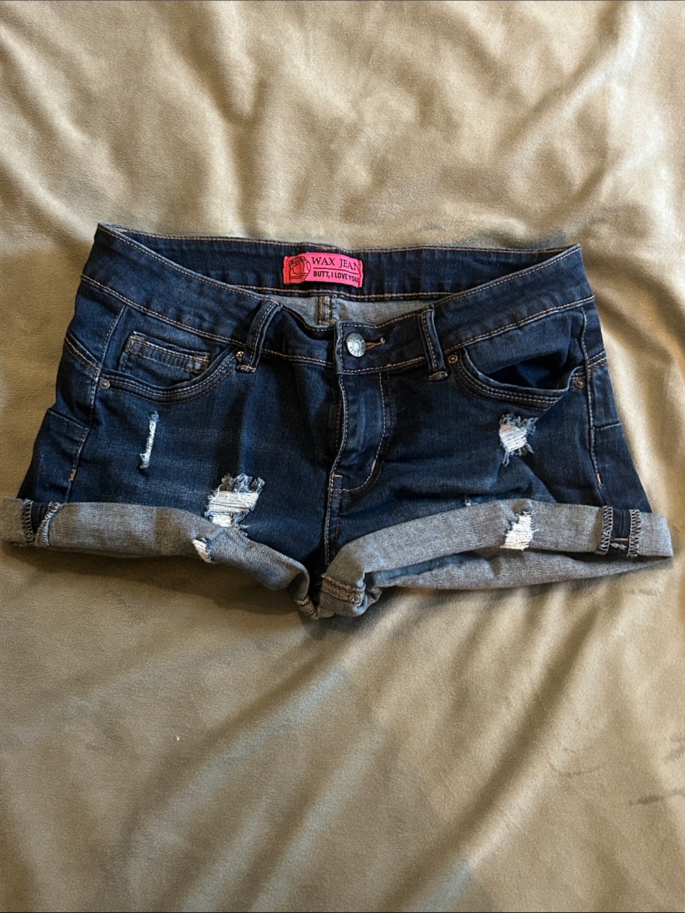 Wax Jean Dark Blue Distressed Cuffed Denim Shorts
